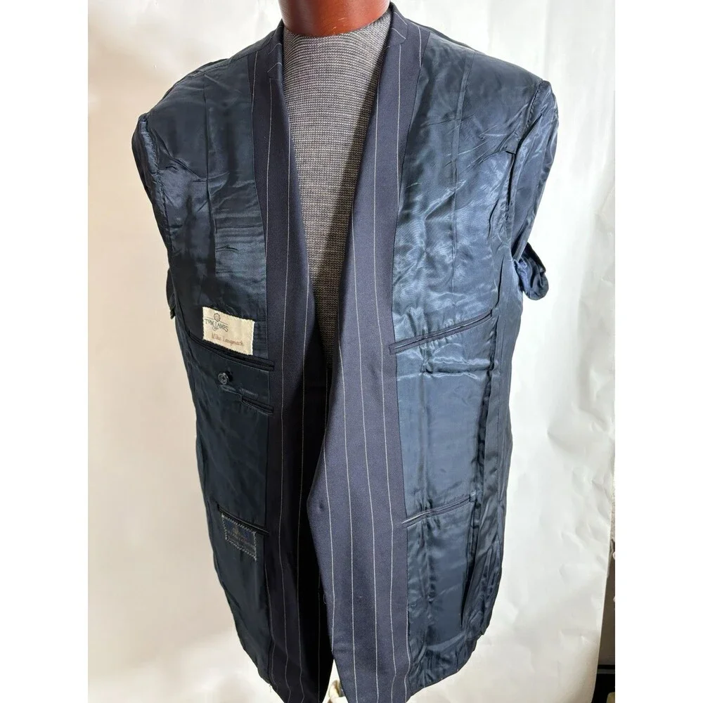 Vtg Men's 46R Holland & Sherry Navy Blue Wool Striped Bespoke Blazer USA EUC